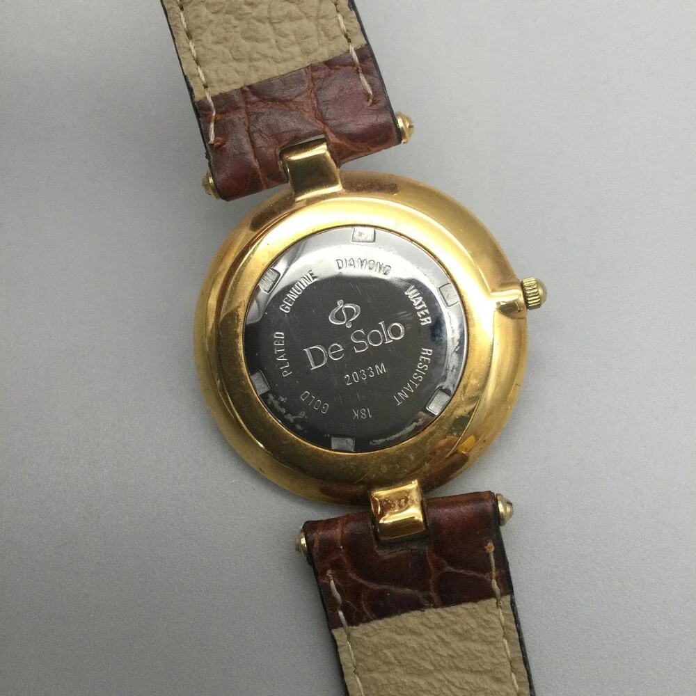 De Solo Watch Women 32mm Diamond 18K Gold Plated Brown Leather Strap New Battery - Picture 12 of 15